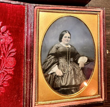 Load image into Gallery viewer, 1/4 TINTED AMBROTYPE SMILING WOMAN PAINTED BACKDROP UK PHOTOGRAPHER LEATHER
