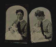 Two Tintype Photo Set Woman Holding a Sleeping or Post Mortem Baby