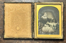 Load image into Gallery viewer, Rare Post Mortem Pet? 1/4 Ambrotype Woman and Dog Antique 1850s Photo

