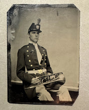 Load image into Gallery viewer, FINE ANTIQUE TINTYPE PHOTO MILITARY BAND MUSICIAN HOLDING TROMBONE HORN 1800s
