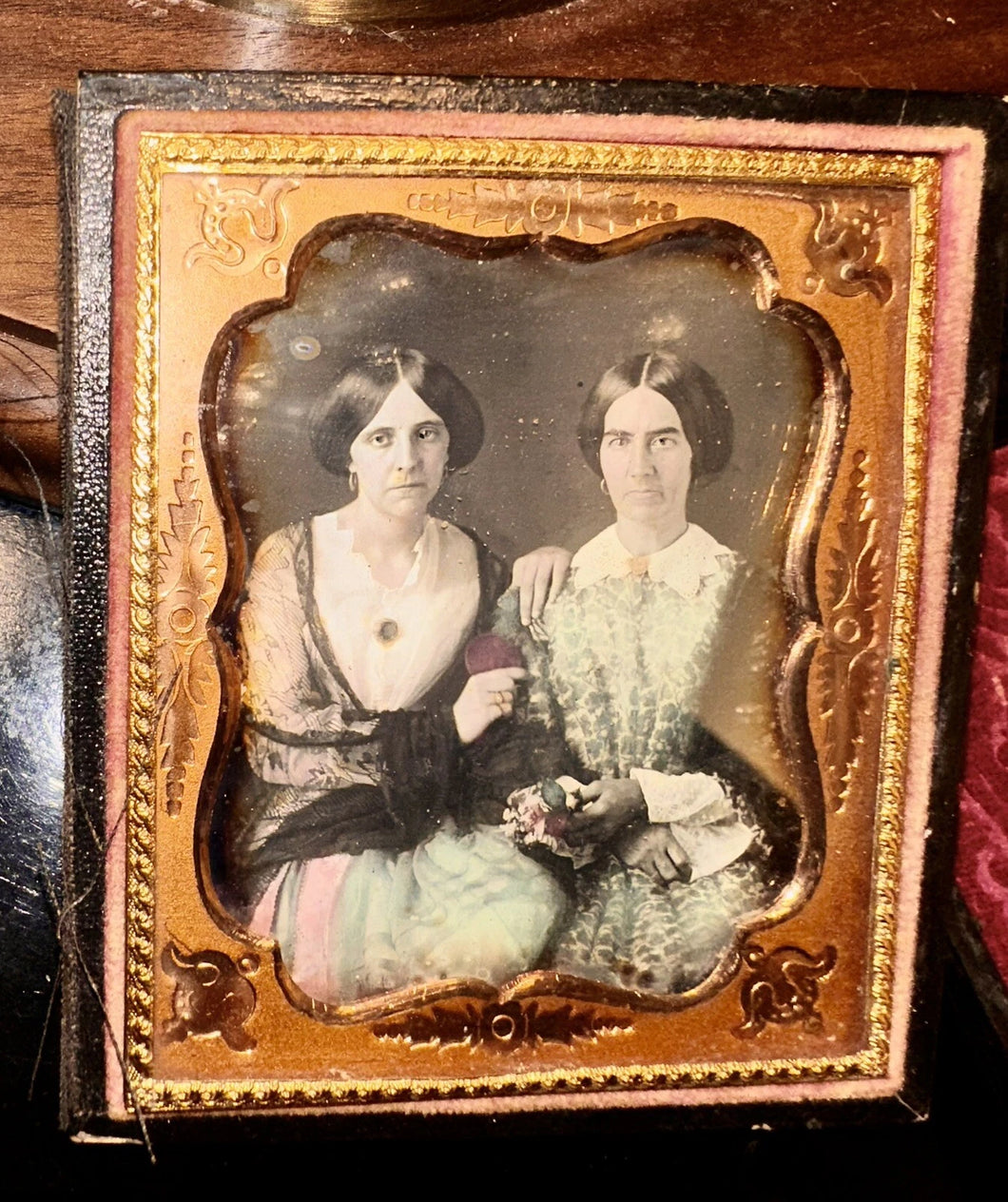 Tinted Daguerreotype Sad Woman & Daughter Holding Memorial / Mourning Items?