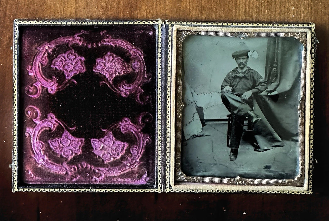 Civil War Sailor with Tax Stamp 1/6 Tintype Photo 1860s Original Navy Antique