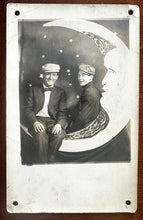 Load image into Gallery viewer, Two Men Sitting Paper Prop Moon 1910s Antique Photo RPPC Vintage
