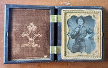 Load image into Gallery viewer, Antique Tintype Photo Cowboy with Flobert Pistol Smoking Pipe 1850s Union Case
