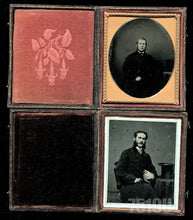 Load image into Gallery viewer, lot of two 1/6 ambrotypes men with top hats - british photographer studio labels
