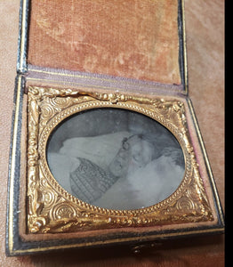 1/9 Post Mortem Tintype Photo of a Girl or Woman in Bed 1860s
