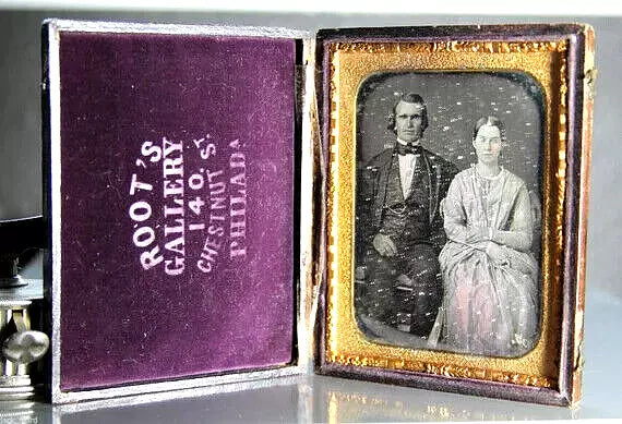 1/4 Marcus A Root Daguerreotype Man & Wife - Leather Case Philadelphia