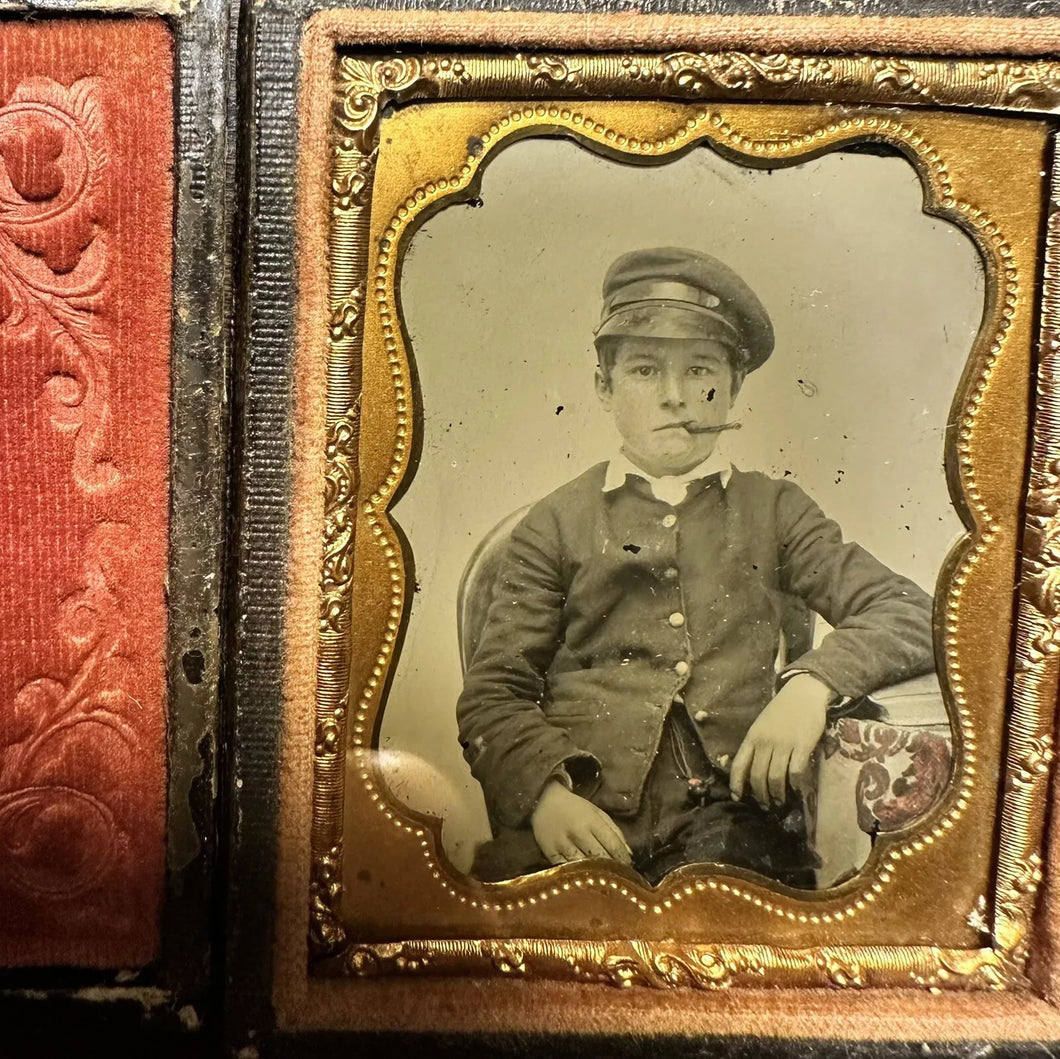 Boy Too Young to Be Smoking Cigar Ambrotype ID'd Delaware Photographer 1850s