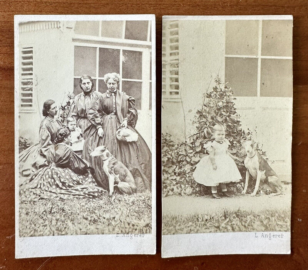 Lot Of 2 Photos Victorian Women & Little Girl Outside With Dog 1860s
