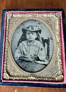 Little Girl in Summer Hat 1/9 Plate Tintype in Case Civil War Era 1860s Sick?