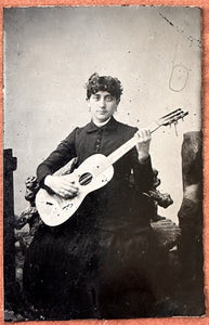 Antique Tintype Photo Woman Guitar Player or Teacher / Musician Music Victorian