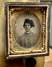 Load image into Gallery viewer, 1860s Tintype Civil War Soldier in Gray Painted Shirt - Confederate Zouave?
