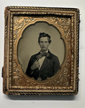 Load image into Gallery viewer, 1/6 Ambrotype Teen Boy Cowlick In Hair Big Bow Tie + Cool Brass Mat 1850s Photo
