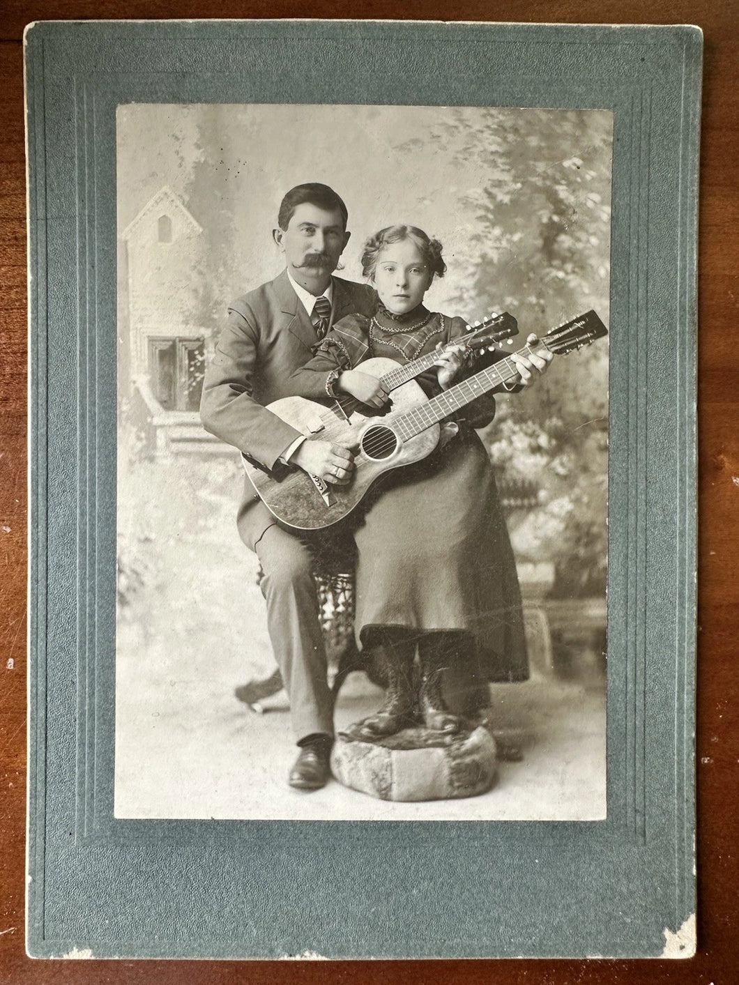 Father Daughter MUSICIANS PLAY EXOTIC DOUBLE NECK GUITAR 1900s CABINET CARD