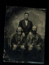 Load image into Gallery viewer, 1870s Tintype 3 Men ID&#39;d PAINTED CAMERA ON TRIPOD on Backdrop Photo
