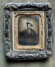 Load image into Gallery viewer, 1860s Tintype Photo Cigar Smoker Gambler Holding Photo or Playing Cards
