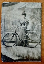 Load image into Gallery viewer, Tintype Photo Pretty Victorian Woman With Bicycle Antique 1800s Bike Women
