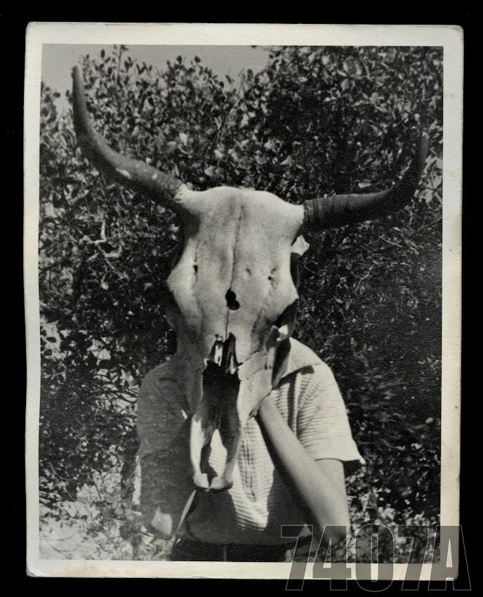 Creepy Old Snapshot Girl Wearing Real Skull Mask Antique Vintage Halloween Photo