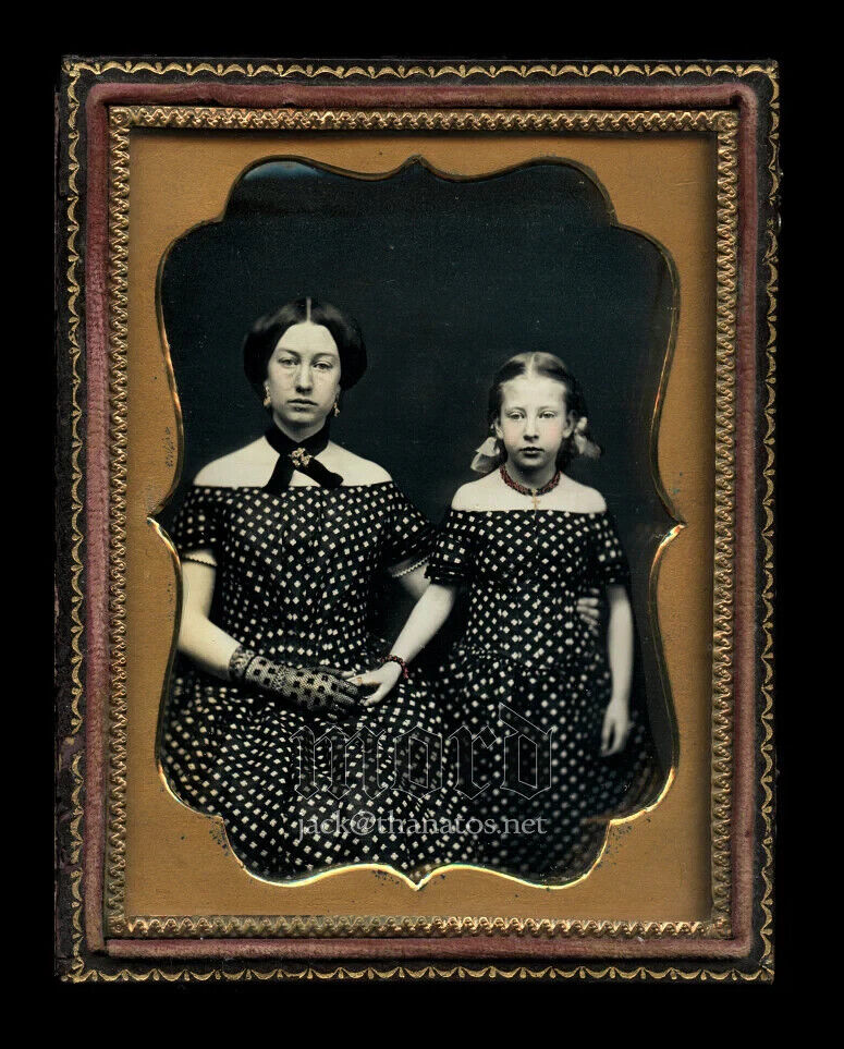 Beautiful 1/4 Daguerreotype ~ Sisters Holding Hands - Matching Dresses Tinted