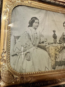 HALF PLATE Ambrotype Women At Tinted Table BOTH HOLDING PHOTOS PIP Rare