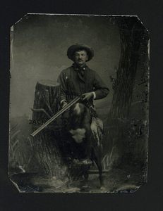 1/6 1800s Tintype Hunter Holding Shotgun Posing w Hunting Dog & Duck(s)
