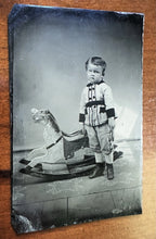 Load image into Gallery viewer, Excellent Tintype Little Boy w Double Head Toy Rocking Horse Antique Photo 1870s
