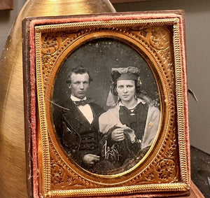 Daguerreotype of a Man & Woman Wearing Unusual Headwear or Veil 1/6 1850s