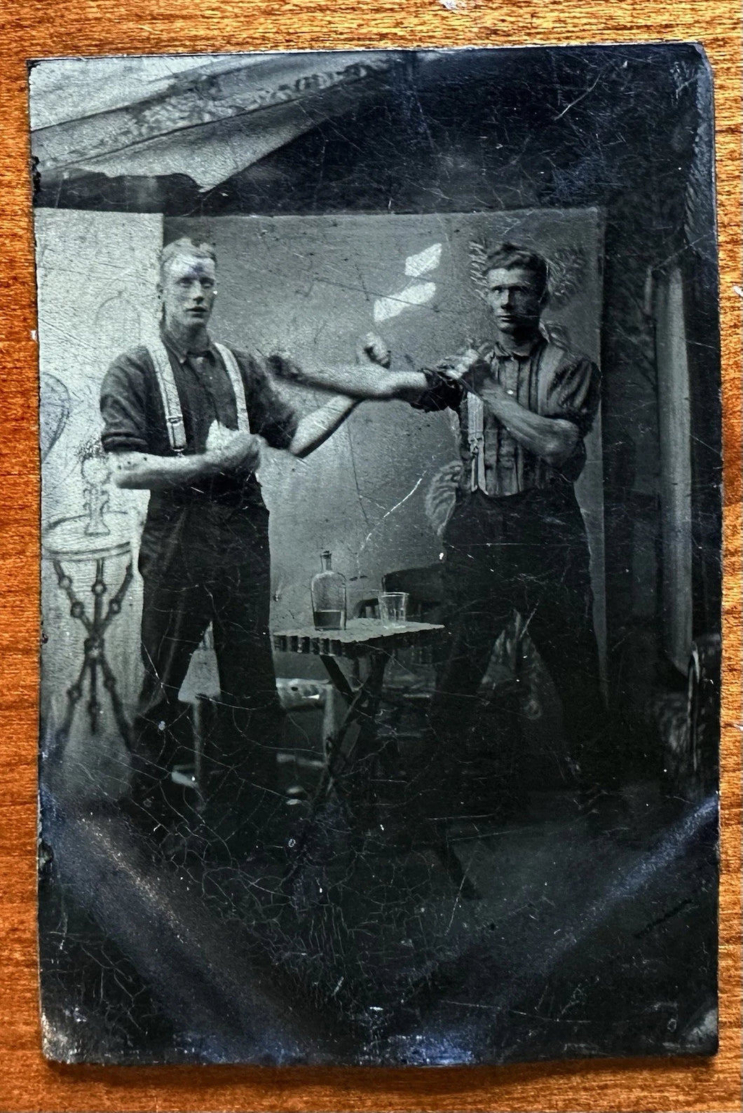 Two Men Put Up Dukes Over Bottle Of Whiskey / boxer Boxing 1800s photo Antique
