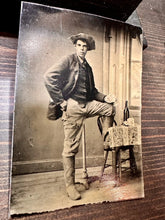 Load image into Gallery viewer, antique tintype photo Gambler Cowboy hand of poker cards gun &amp; whiskey 1800
