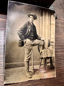 antique tintype photo Gambler Cowboy hand of poker cards gun & whiskey 1800