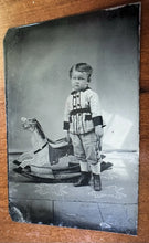 Load image into Gallery viewer, Excellent Tintype Little Boy w Double Head Toy Rocking Horse Antique Photo 1870s
