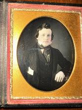 Load image into Gallery viewer, ID'd Handsome Young Man Tall Hair Freckles ++ GOLD HAIR PIN??? 1/6 Daguerreotype
