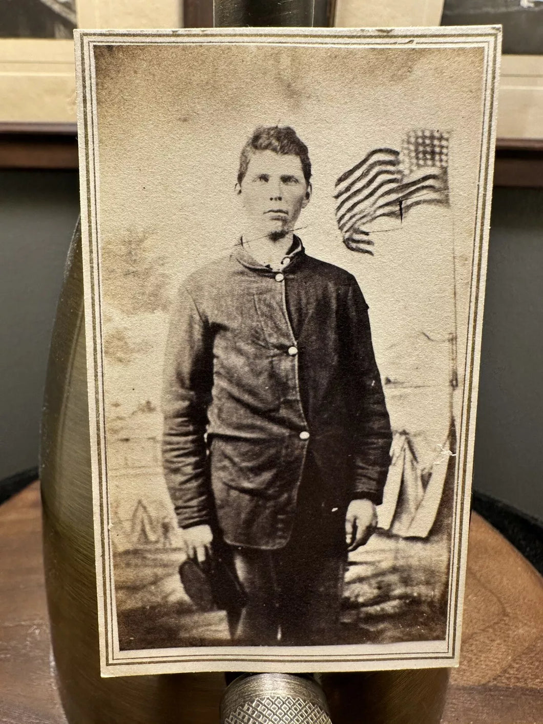 Civil War Soldier Camp Scene / US Flag Backdrop Maine 1860s CDV Photo