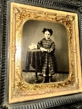Load image into Gallery viewer, Great 1/6 1860s Tintype in Wall Frame Little Girl with Rare Toy Rabbit Photo
