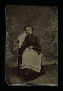 Antique Tintype Mourning Woman with Handkerchief Holding Photo & Blanket Crying