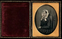 Load image into Gallery viewer, Half Plate Daguerreotype Photo Woman Wearing Bonnet in Fancy Gothic Chair 1840s
