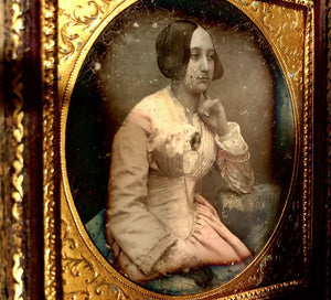 1/6 Daguerreotype Beautiful Woman Tinted Dress Gold Jewelry Photographic Brooch