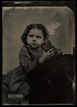 Load image into Gallery viewer, 1800s Tintype Photo Little Girl Holding Tinted Red Bird Maybe a Parrot Rare
