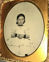 Load image into Gallery viewer, EARLY Tintype (1850s) SAD Little Girl Wearing Mourning Bands 1/6 Tintype Photo
