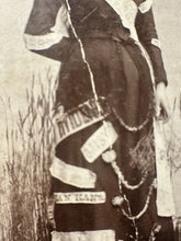 Load image into Gallery viewer, Identified Banner Lady From Kansas Advertising Dress Antique Cabinet Card 1880s

