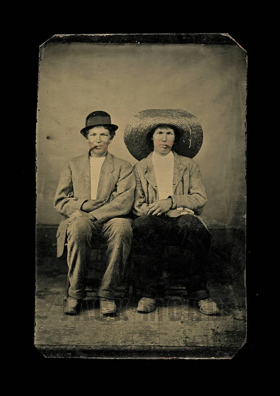 Unusual Tintype Photo Crossdresser Women Sombrero Hats Smoking Cigars 1800s