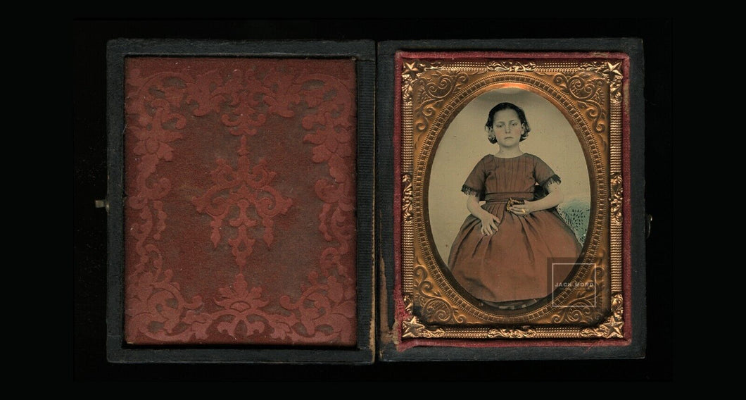 1860s Excellent Tinted Ambrotype Virginia Girl in Red Dress Holding Photo Case