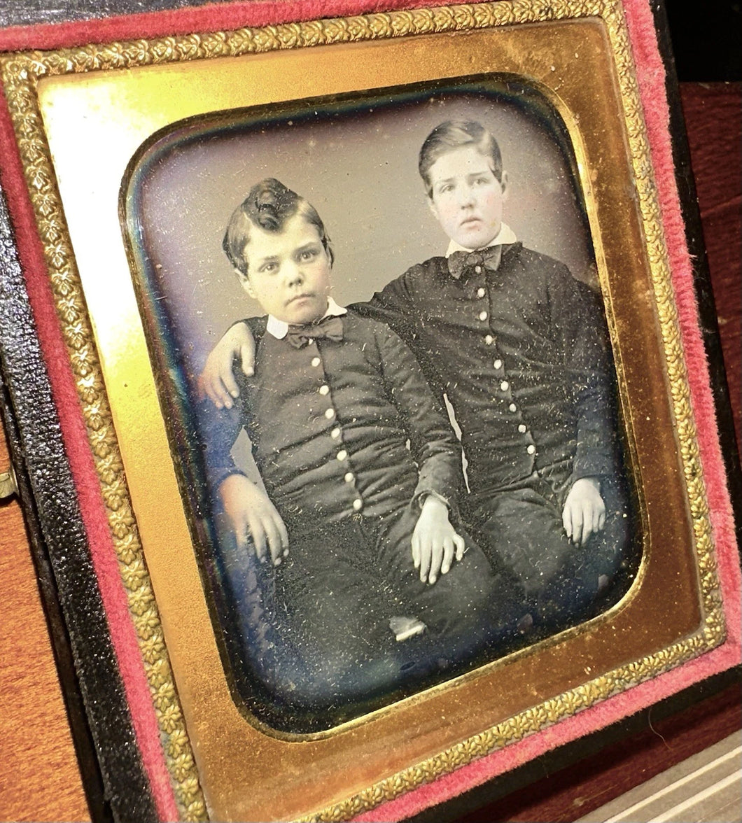1/6 Daguerreotype Photo Little Boys Cadets Affectionate Pose Sealed Rare Case