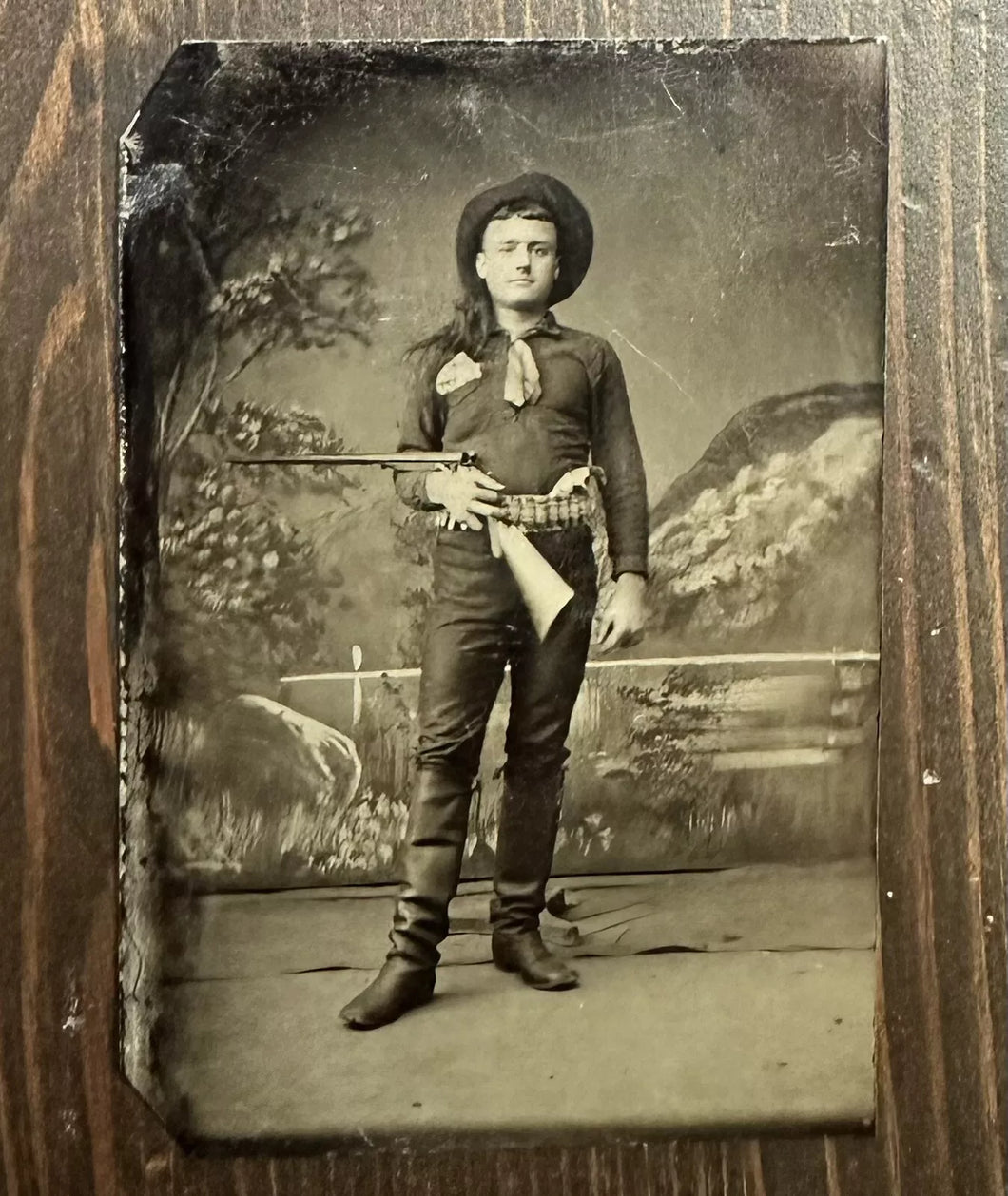 Antique Tintype Photo Double Armed Long Hair Cowboy Rifle Pistol Ammo Belt 1800s