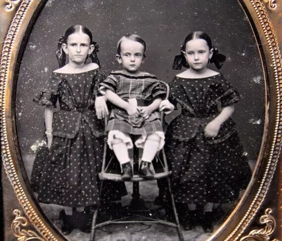 Tinted Half Plate Daguerreotype Of Children 1850s Antique Photo