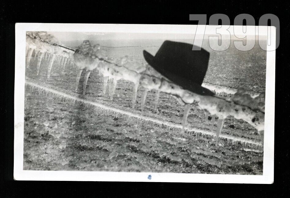 UNUSUAL SNAPSHOT PHOTO HAT ON ICY WIRE VINTAGE WEIRD ABSTRACT ART VTG