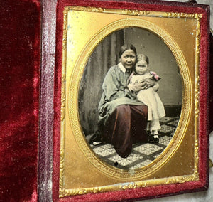 Ethnic Asian Nanny & Child 1850s ambrotype photo Tinted Rare