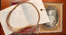 Load image into Gallery viewer, 1/6 Daguerreotype Little Girl ID&#39;d by Note + Braid of Hair - West Virginia 1840s
