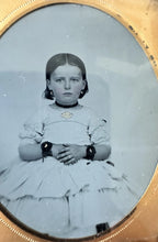 Load image into Gallery viewer, EARLY Tintype (1850s) SAD Little Girl Wearing Mourning Bands 1/6 Tintype Photo
