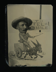 Excellent 1880s Cartoon Novelty Tintype Photo Man Riding Donkey Cart Sign & Dog